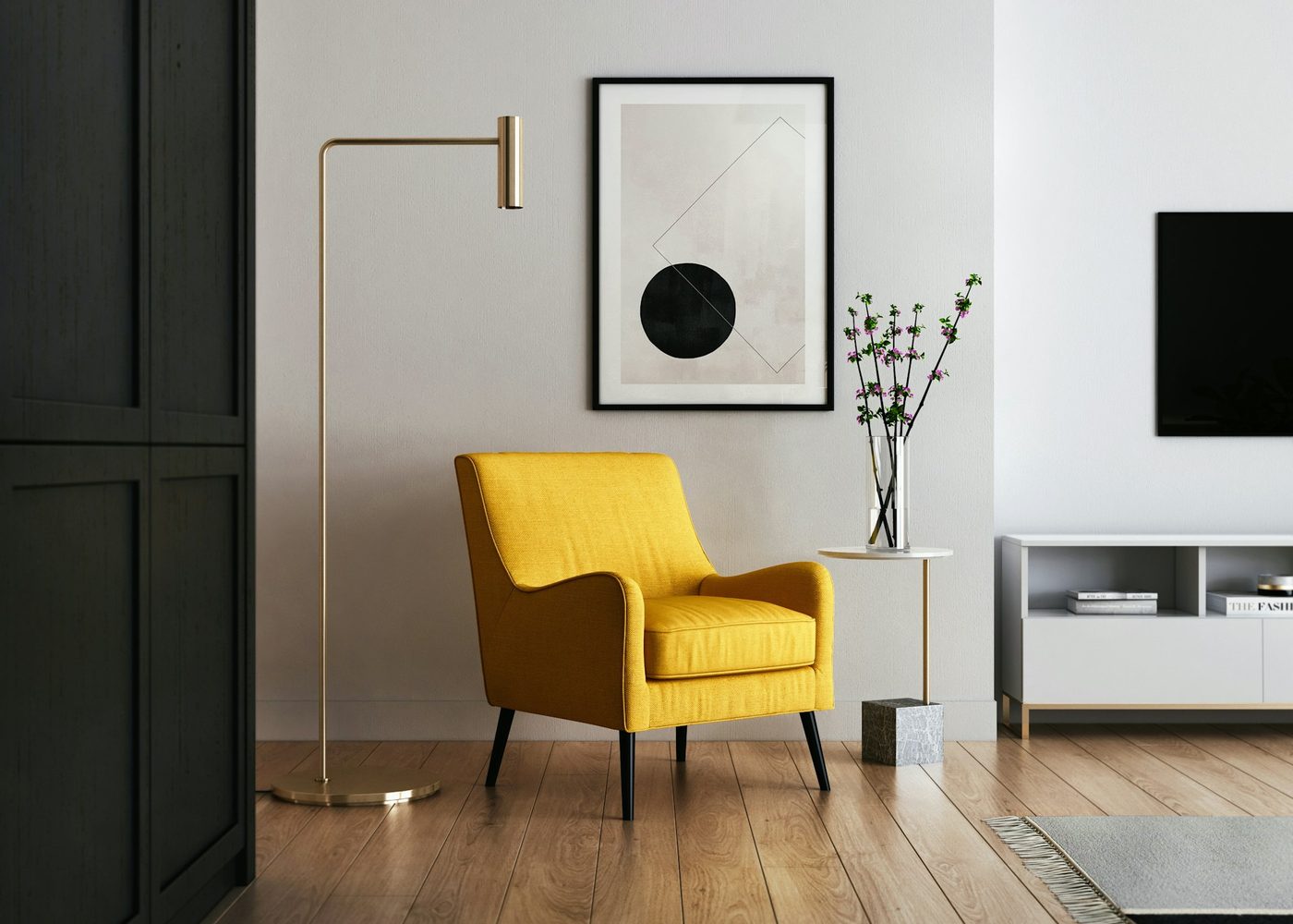 Modern living room with freshly painted walls and a yellow armchair